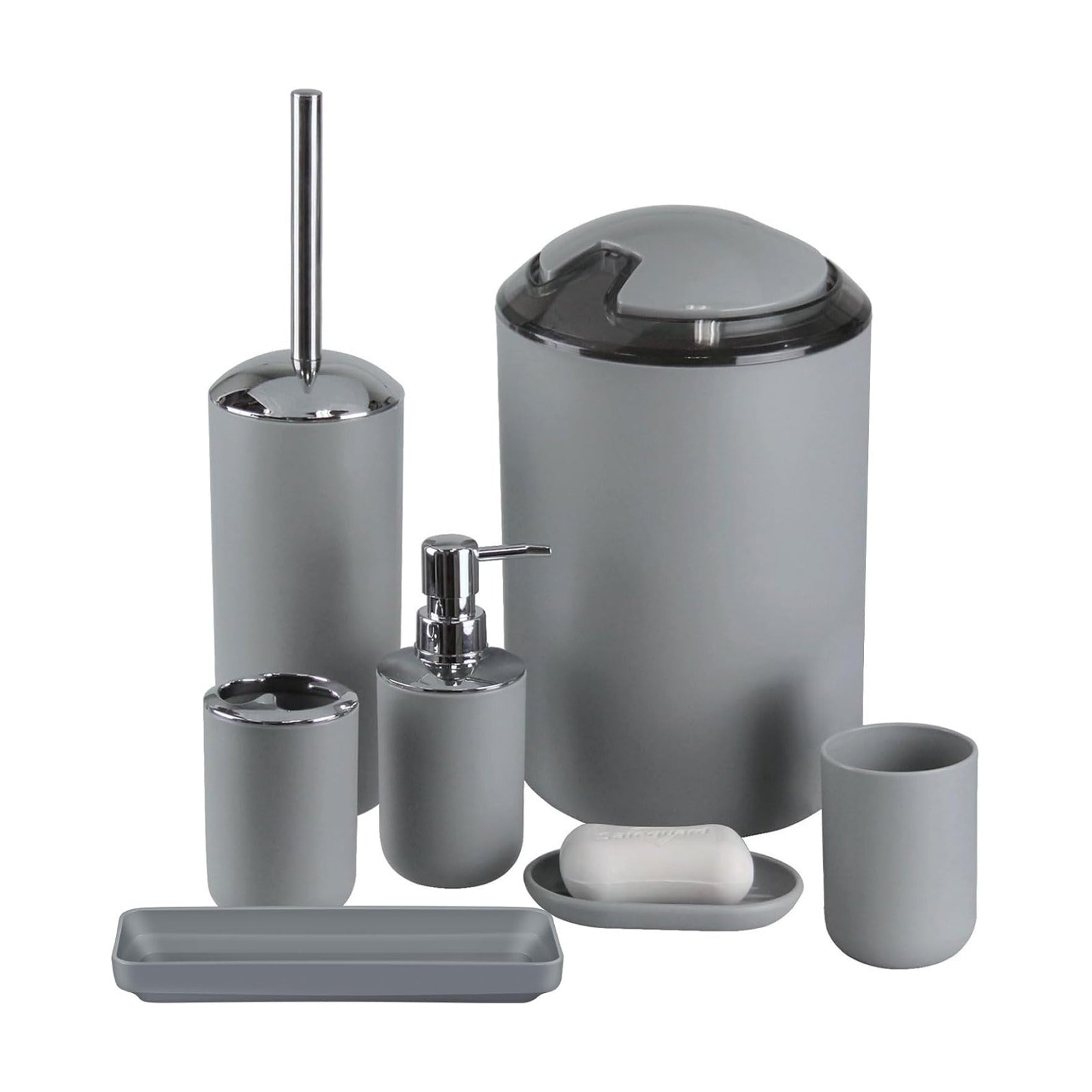 IMAVO Bathroom Accessories Set,Grey Bathroom Set,7 Pieces Bathroom Accessory Set,Tray,Toilet Brush,Trash Can for