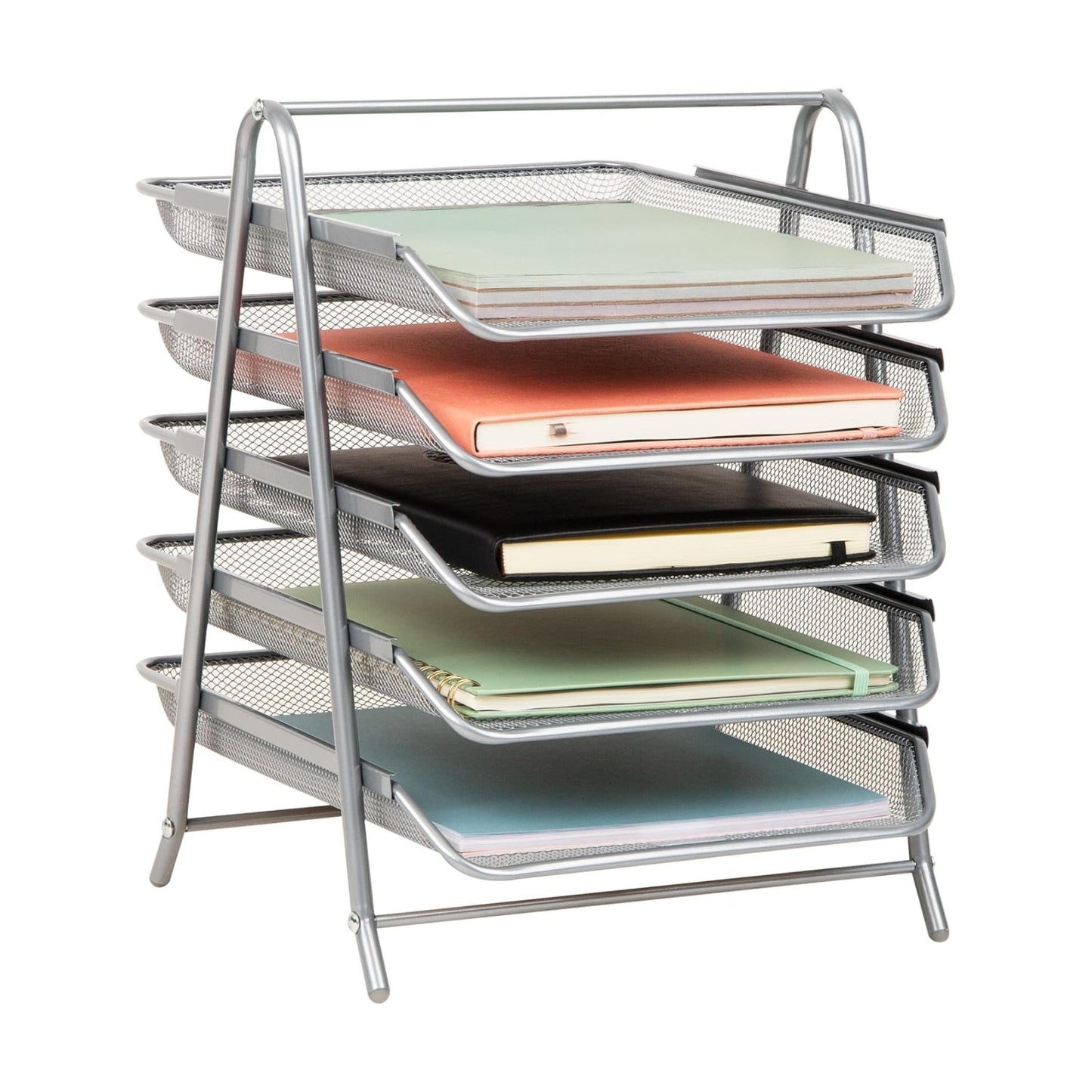 Mind Reader 5-Tier Paper Tray Organizer, Vertical Desktop File Storage Rack, Office, Metal Mesh, Silver