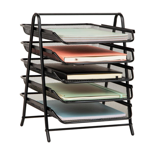 Mind Reader 5-Tier Paper Tray Organizer, Vertical Desktop File Storage Rack, Office, Metal Mesh, Black