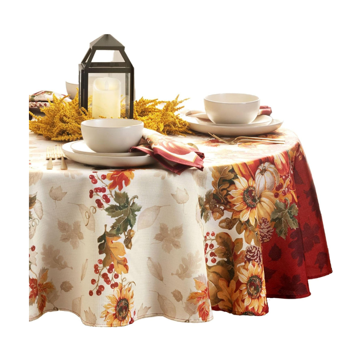 Elrene Home Fashions Swaying Leaves Bordered Fall, Seasonal and Holiday Tablecloth, 70" Round, Multi