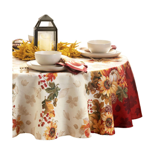 Elrene Home Fashions Swaying Leaves Bordered Fall, Seasonal and Holiday Tablecloth, 70" Round, Multi