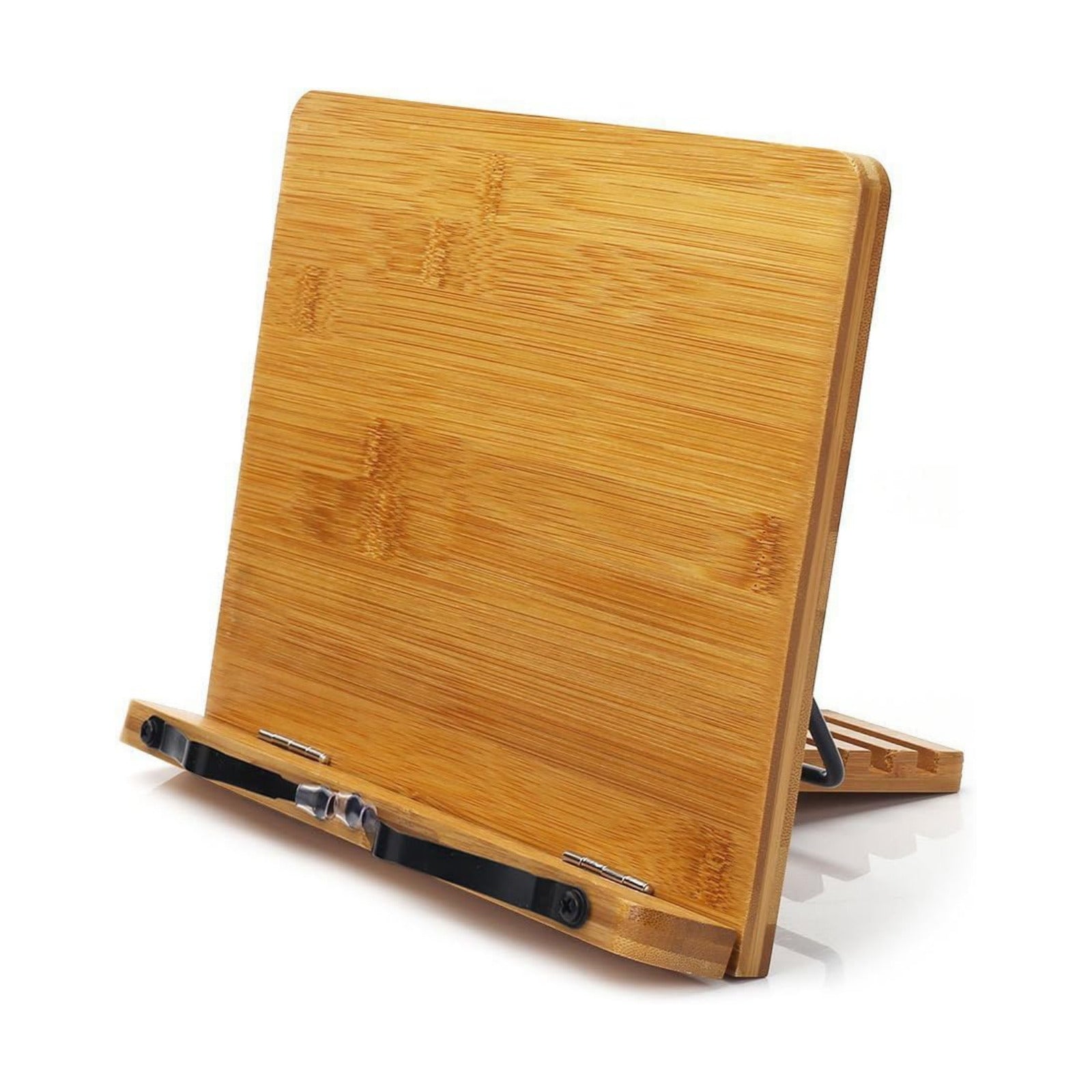 wishacc Bamboo Book Stand, Adjustable Book Holder Tray and Page Paper Clips-Cookbook Reading Desk Portable Stable
