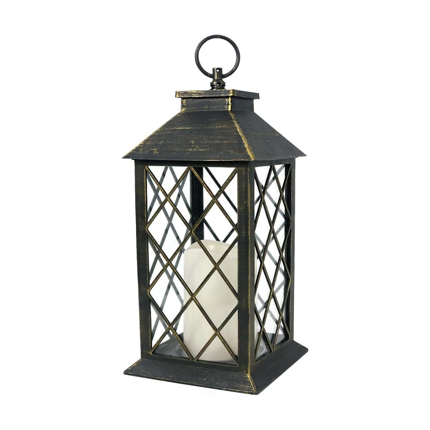 13.5" Outdoor Candle Lantern Decorative with LED Pillar Candle Battery Powered (Distressed Gold, 6hr Timer) - IP44
