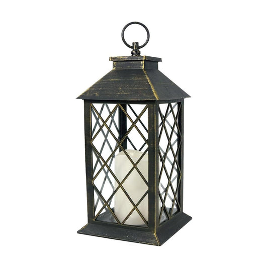 13.5" Outdoor Candle Lantern Decorative with LED Pillar Candle Battery Powered (Distressed Gold, 6hr Timer) - IP44