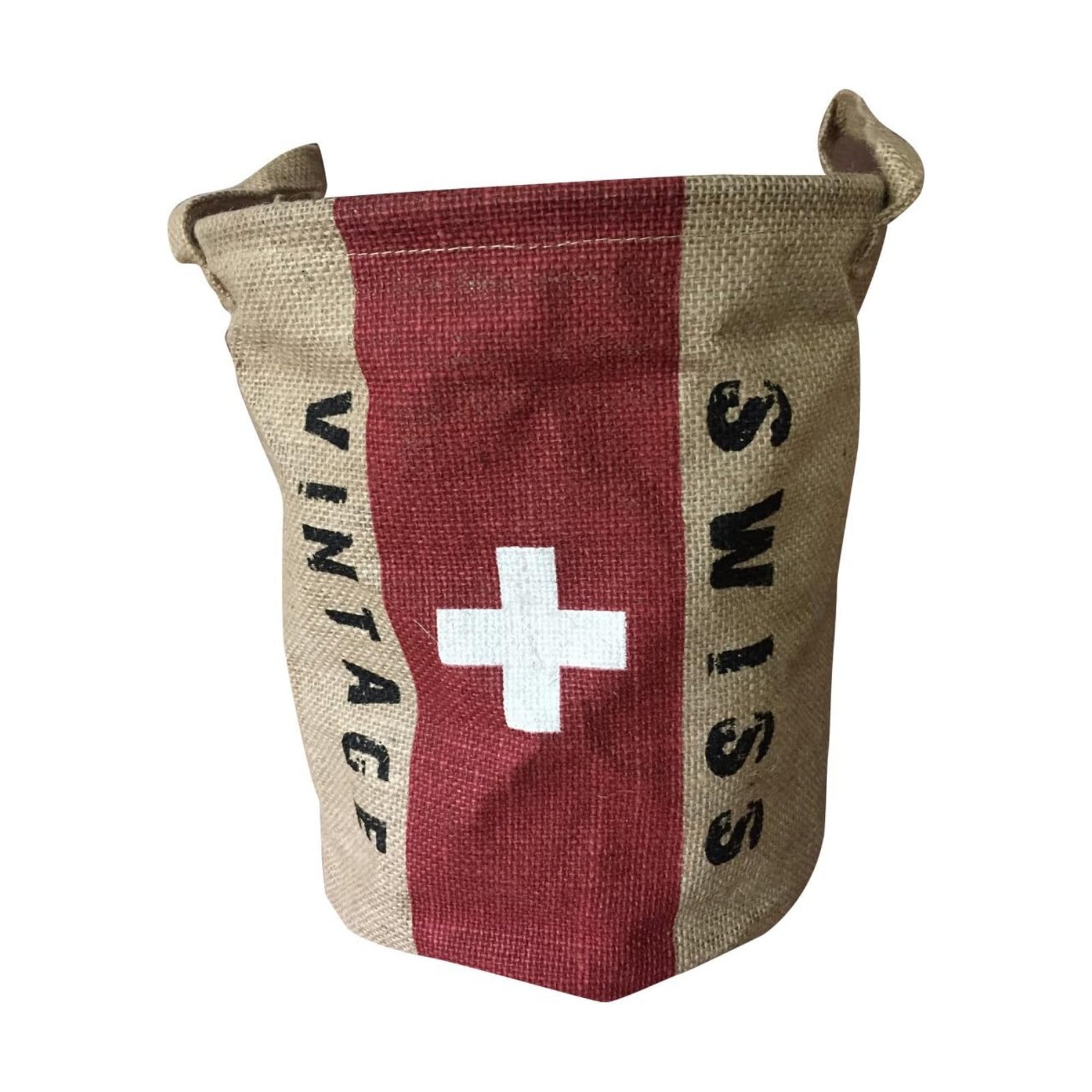 Burlap Woven Storage Basket Collapsible Vintage / Swiss Flag