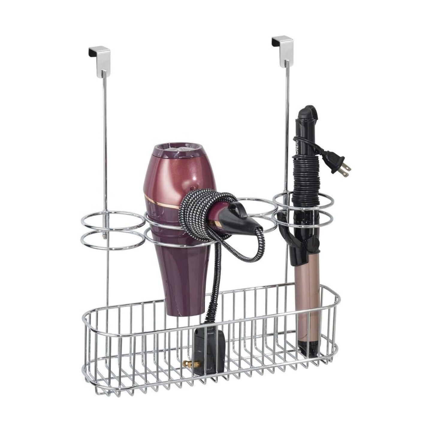 mDesign Metal Over Door Bathroom Hair Care & Styling Tool Organizer Storage Basket for Hair Dryer, Flat Irons, Curling