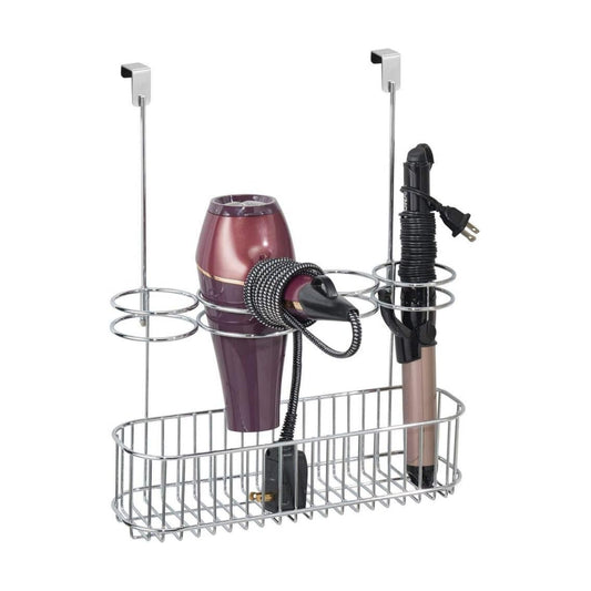 mDesign Metal Over Door Bathroom Hair Care & Styling Tool Organizer Storage Basket for Hair Dryer, Flat Irons, Curling
