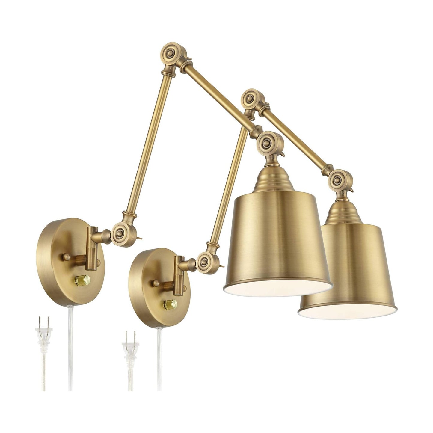 Mendes Antique Brass Swing Arm Plug-In Wall Lamps Set of 2 Light Fixture | Modern Adjustable Up Down Metal Shade for