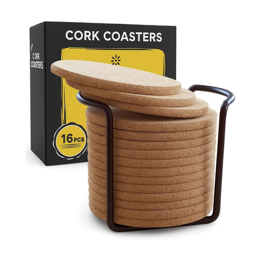 Metal Holder / Cork Coasters for Drinks / 4 Inch / Set of 16