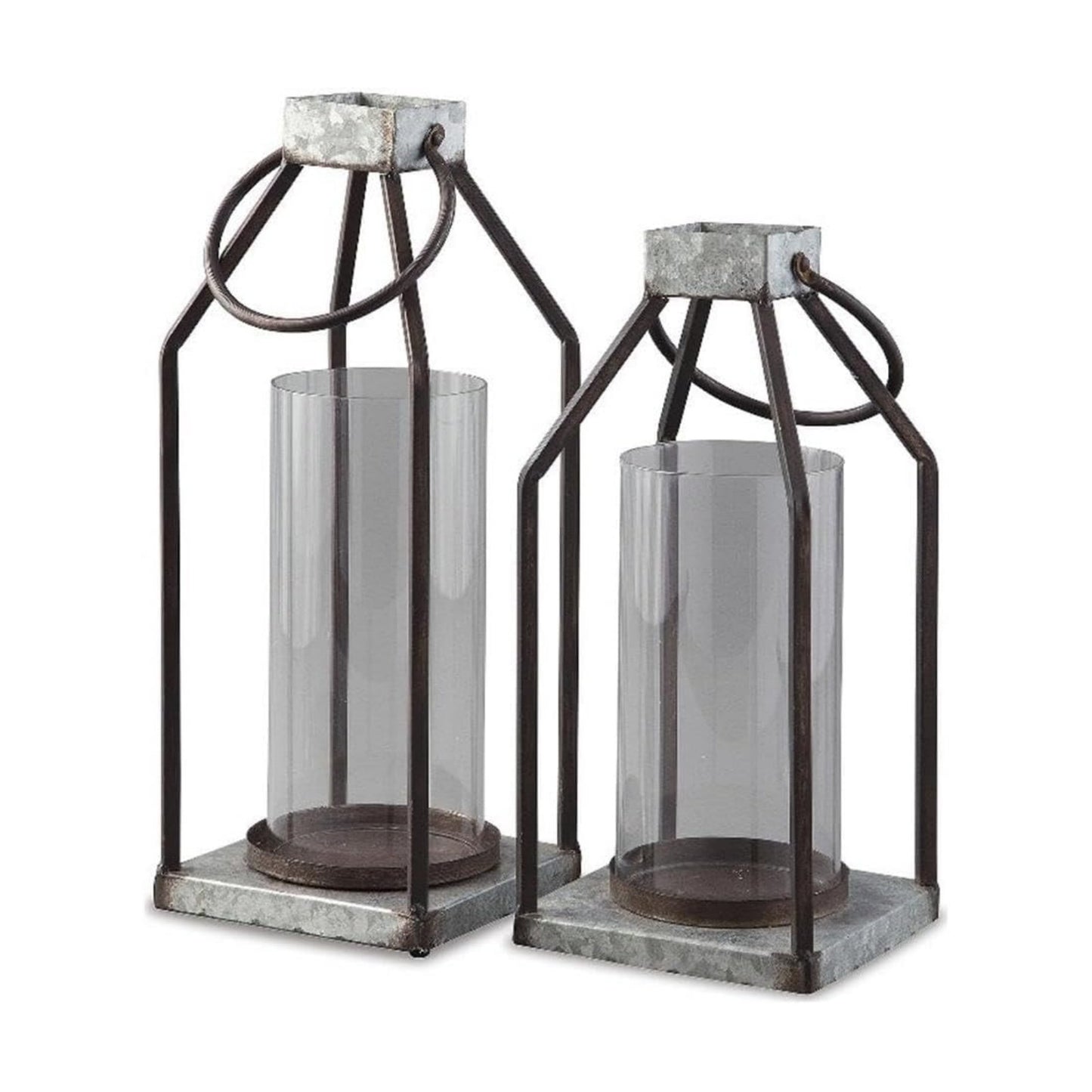 Signature Design by Ashley Diedrick Rustic Lantern, Set of 2, Indoor/Outdoor, Galvanized Metal, Antiqued Finish, Glass