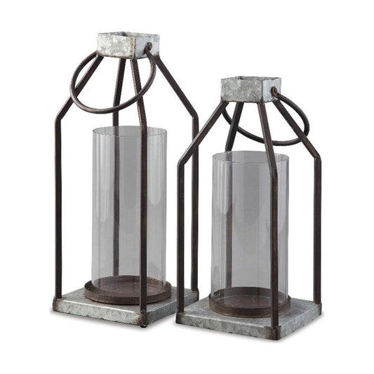 Signature Design by Ashley Diedrick Rustic Lantern, Set of 2, Indoor/Outdoor, Galvanized Metal, Antiqued Finish, Glass