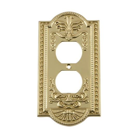 Nostalgic Warehouse 720076 Meadows Switch Plate with Outlet, Unlacquered Brass, 1 Count (Pack of 1)