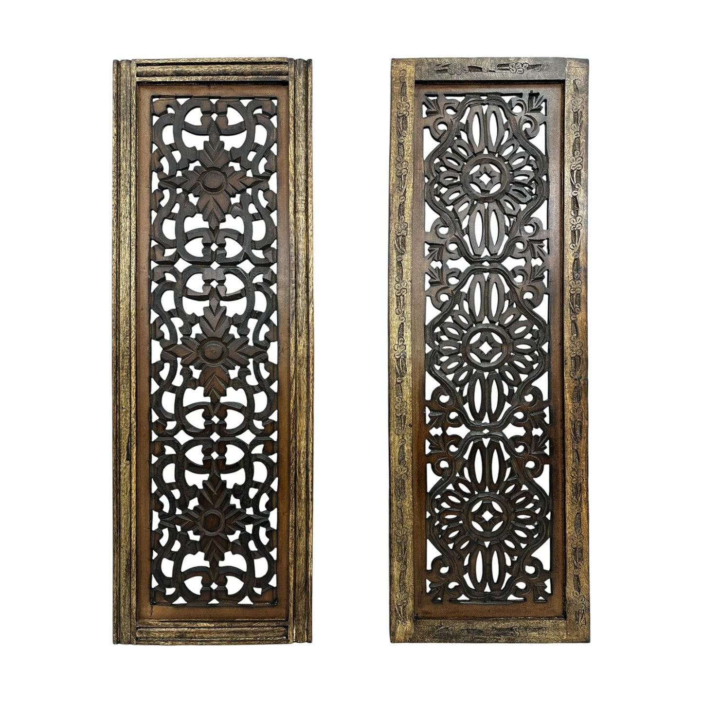 Floral Hand Carved Wooden Wall Panels / Rustic Brown / Set of 2