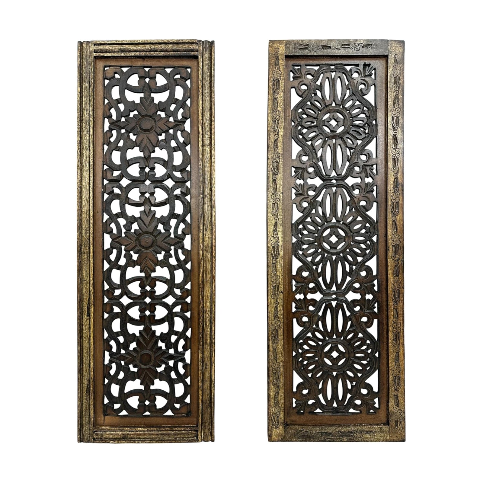 Floral Hand Carved Wooden Wall Panels / Rustic Brown / Set of 2
