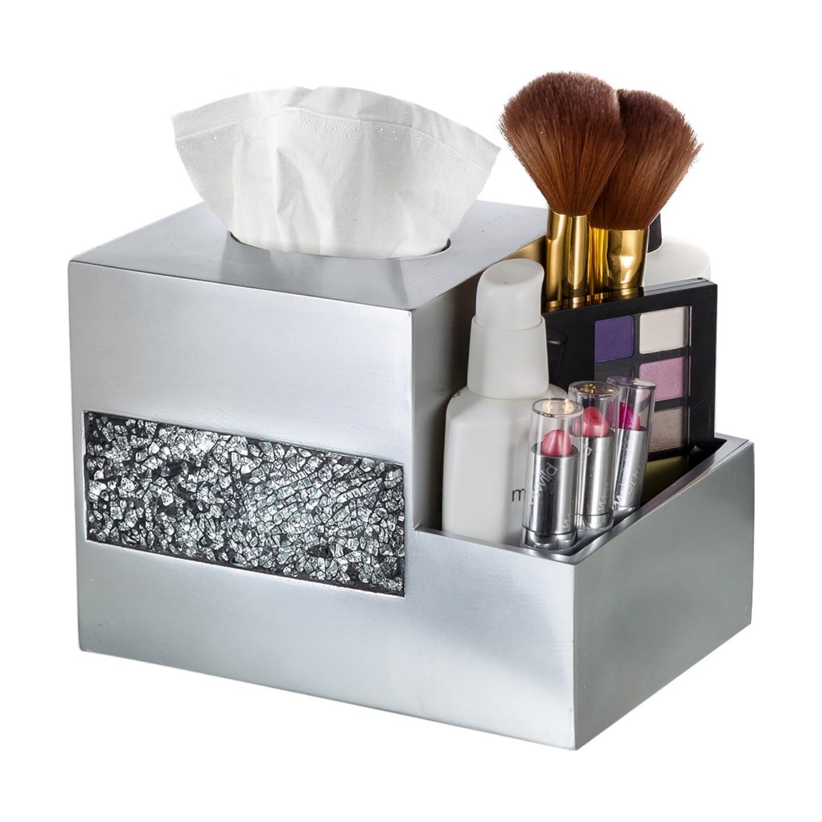 Crackled Glass Tissue Box Cover Square Silver Decorative Multi-function Storage Organizer Caddy; Tissue Box Holder &