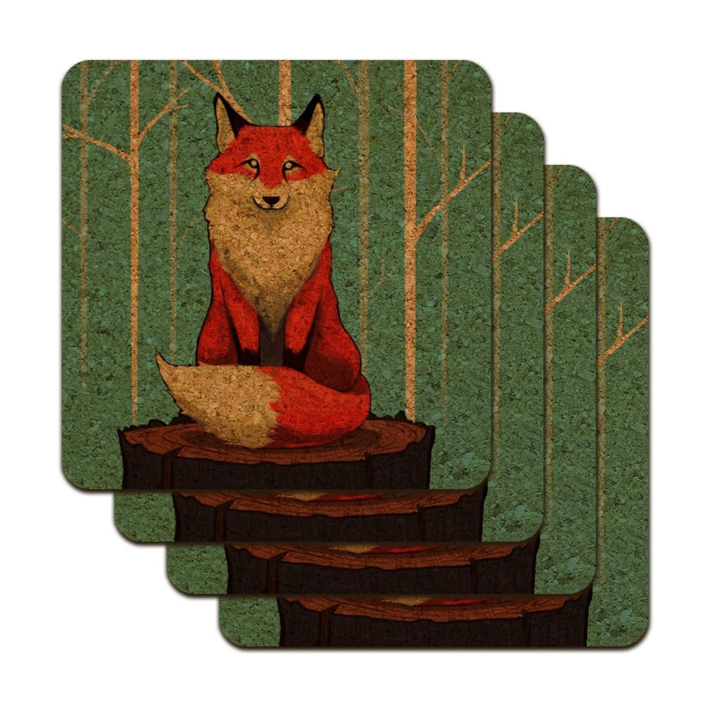 Fox on Tree Stump Low Profile Novelty Cork Coaster Set