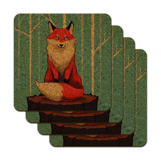 Fox on Tree Stump Low Profile Novelty Cork Coaster Set