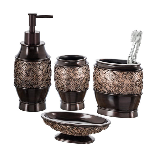 Creative Scents Dublin Brown 4 Piece Bathroom Accessory Set | Includes Soap Dispenser, Toothbrush Holder, Tumbler Cup &