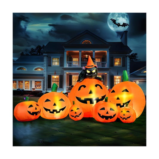 Joiedomi 7 FT Long Halloween Inflatables Pumpkin Outdoor Decorations, 7 Pumpkins Outside Decoration with Witch's Cat with Build-in LEDs Blow Up Inflatables for Party Yard Lawn Garden Decor