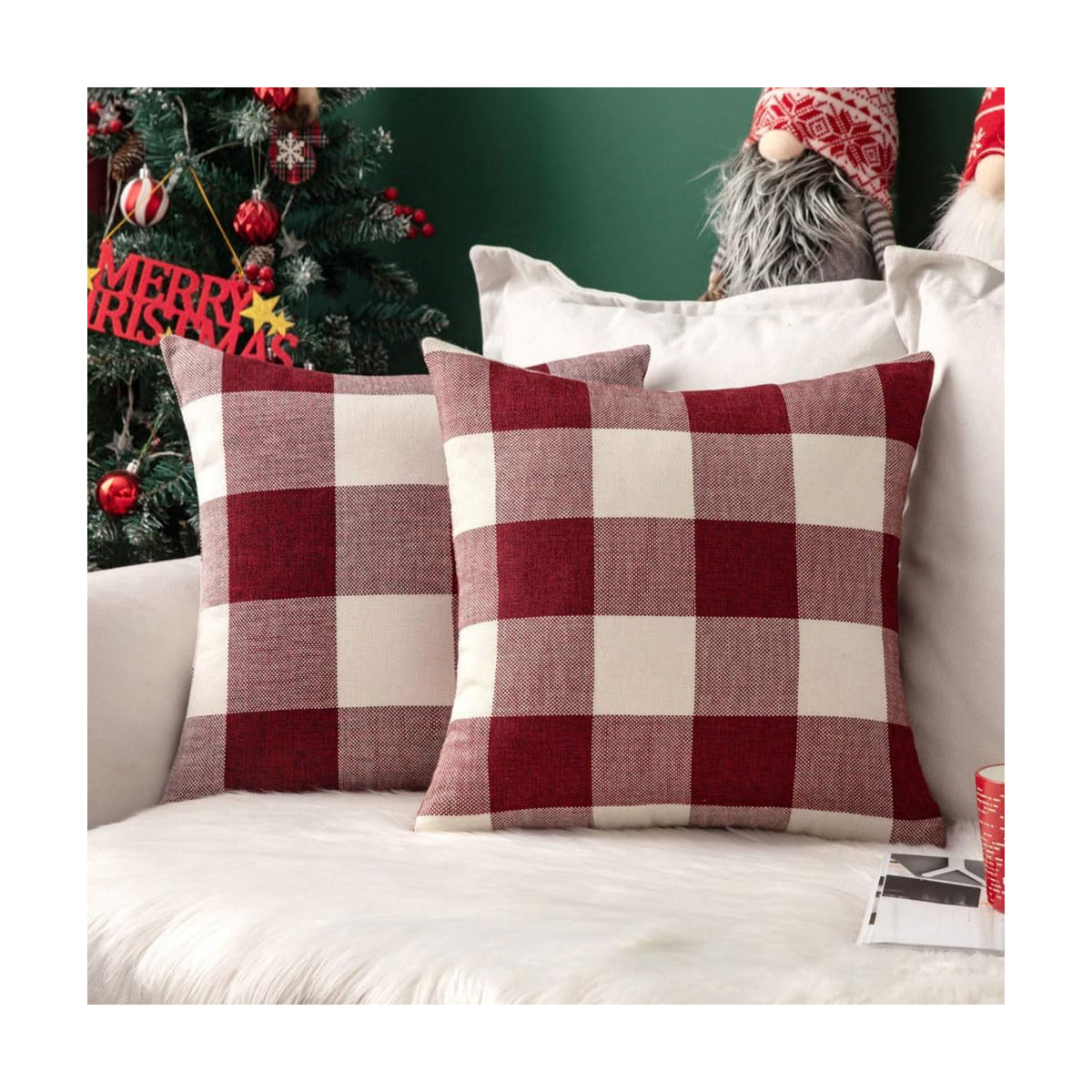 MIULEE Christmas Plaid Pillow Covers 18x18 White and Red Pack of 2