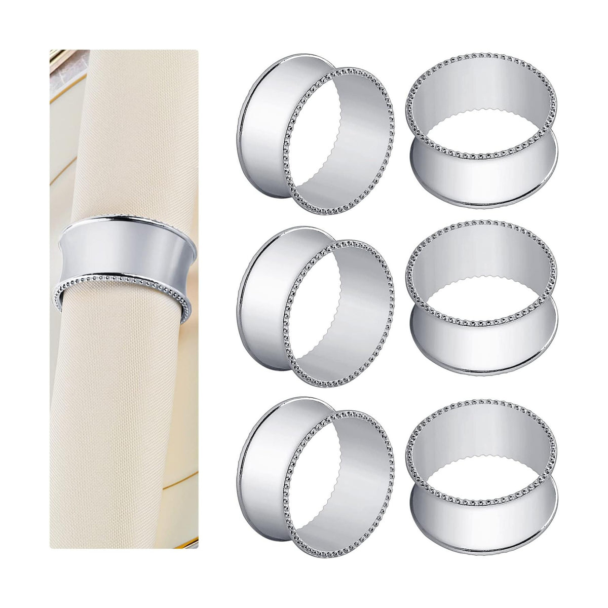 6 Pcs Stainless Steel Bead Side Napkin Rings Silver