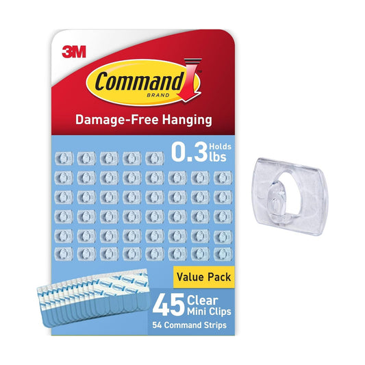Command Clear Indoor Mini Light Clips Value Pack, 45 Clips, 54 Strips, Damage-Free String Light Hangers for Home, Room, Wall, Office, and Dorm Decor, Great for Cable Management, Holds up to 0.3 lb