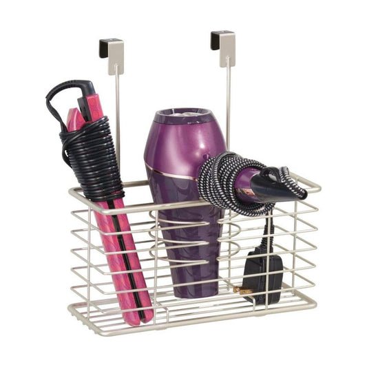 mDesign Steel Over Cabinet/Door Hair Dryer Holder Storage, Hair Styling Tool Organizer Basket for Bathroom - Blow