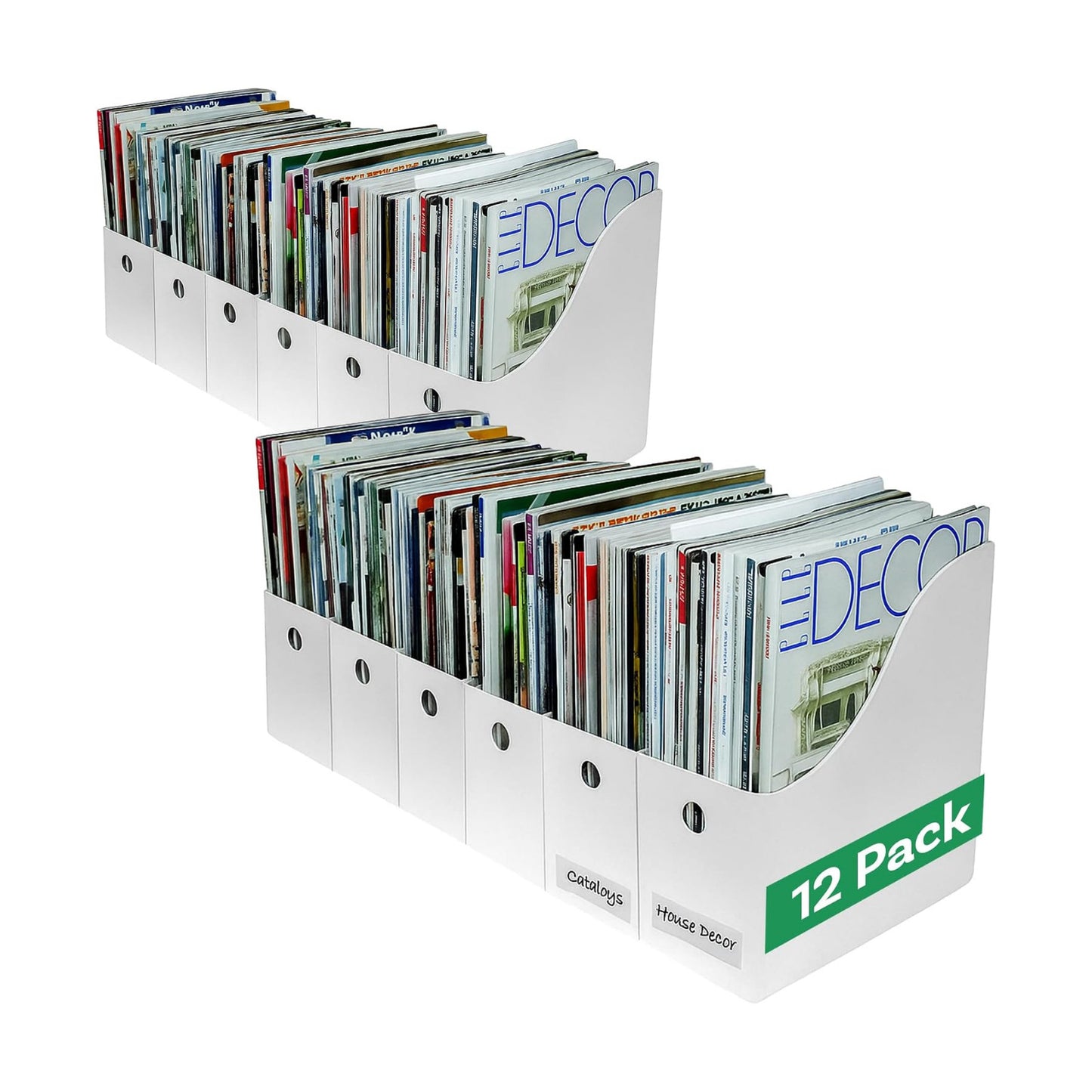 Evelots Magazine File Holder - Set of 12 White - Office Desk Organizer - Sturdy Cardboard - New Upgraded Double Front