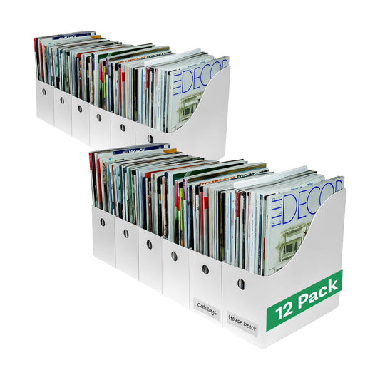 Evelots Magazine File Holder - Set of 12 White - Office Desk Organizer - Sturdy Cardboard - New Upgraded Double Front