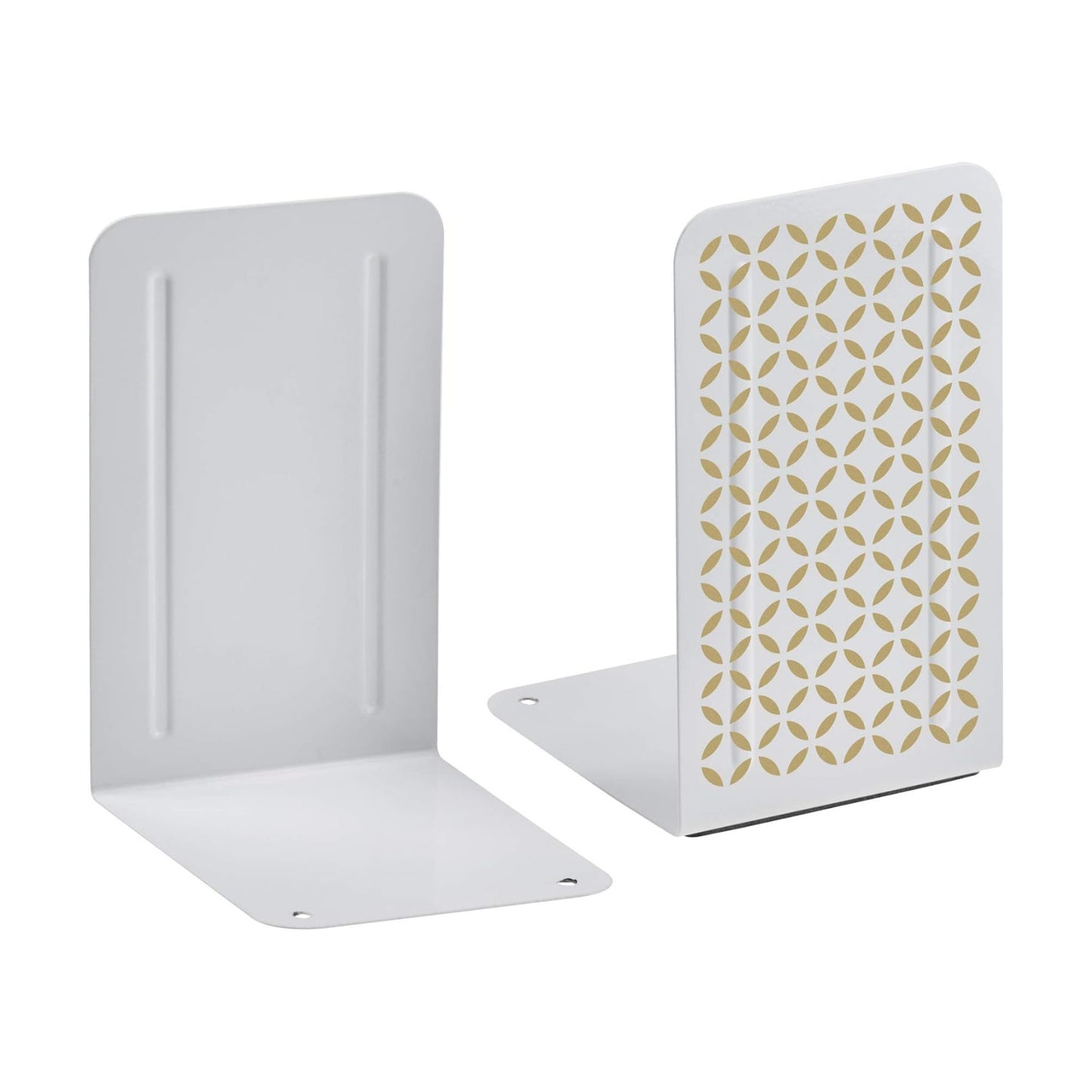 Heavy Duty Steel Metal Book Ends / 10 Cm x 11,5 Cm x 17,5 Cm / White Bookend with Gold Design