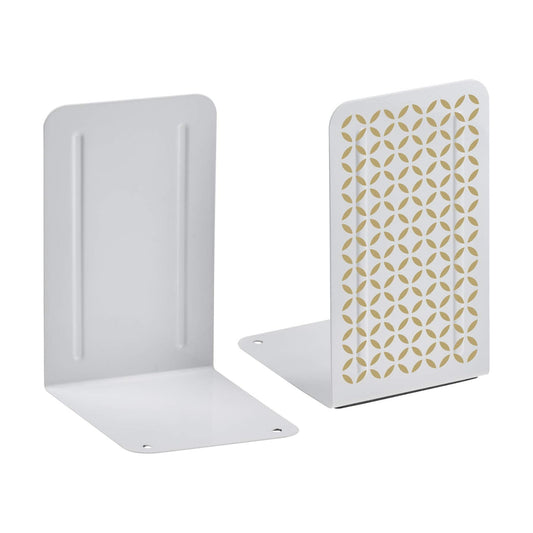 Heavy Duty Steel Metal Book Ends / 10 Cm x 11,5 Cm x 17,5 Cm / White Bookend with Gold Design