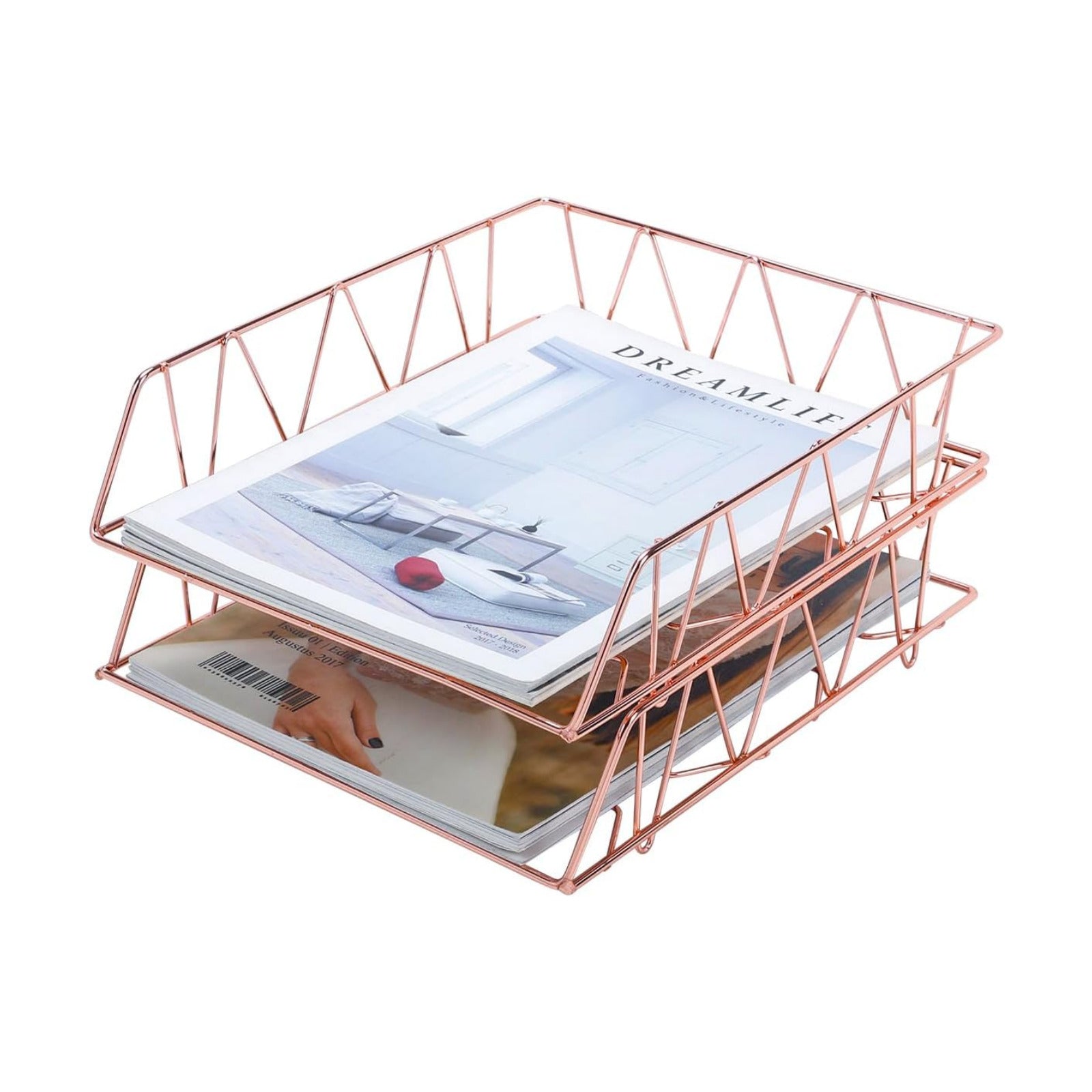 Set of 2 Office Supplies Metal Stackable File Document Letter Tray Organizer for Desk, Rose Gold