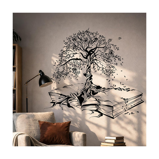 Vinyl Wall Decal Tree Book Leaves Knowledge Library Reading Room Stickers / 22.5 x 25 / M In / Black