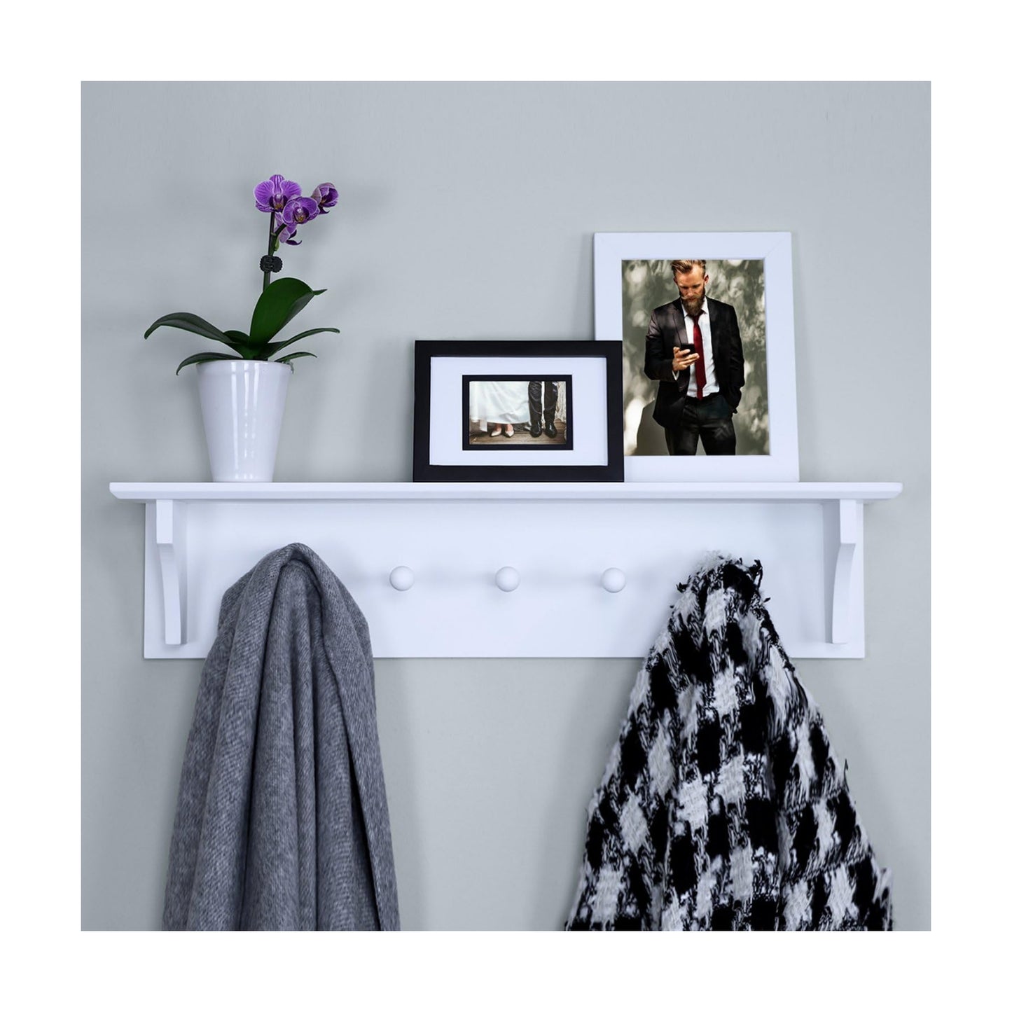 Ballucci Floating Coat and Hat Wall Shelf Rack, 5 Pegs Hook, 24", White