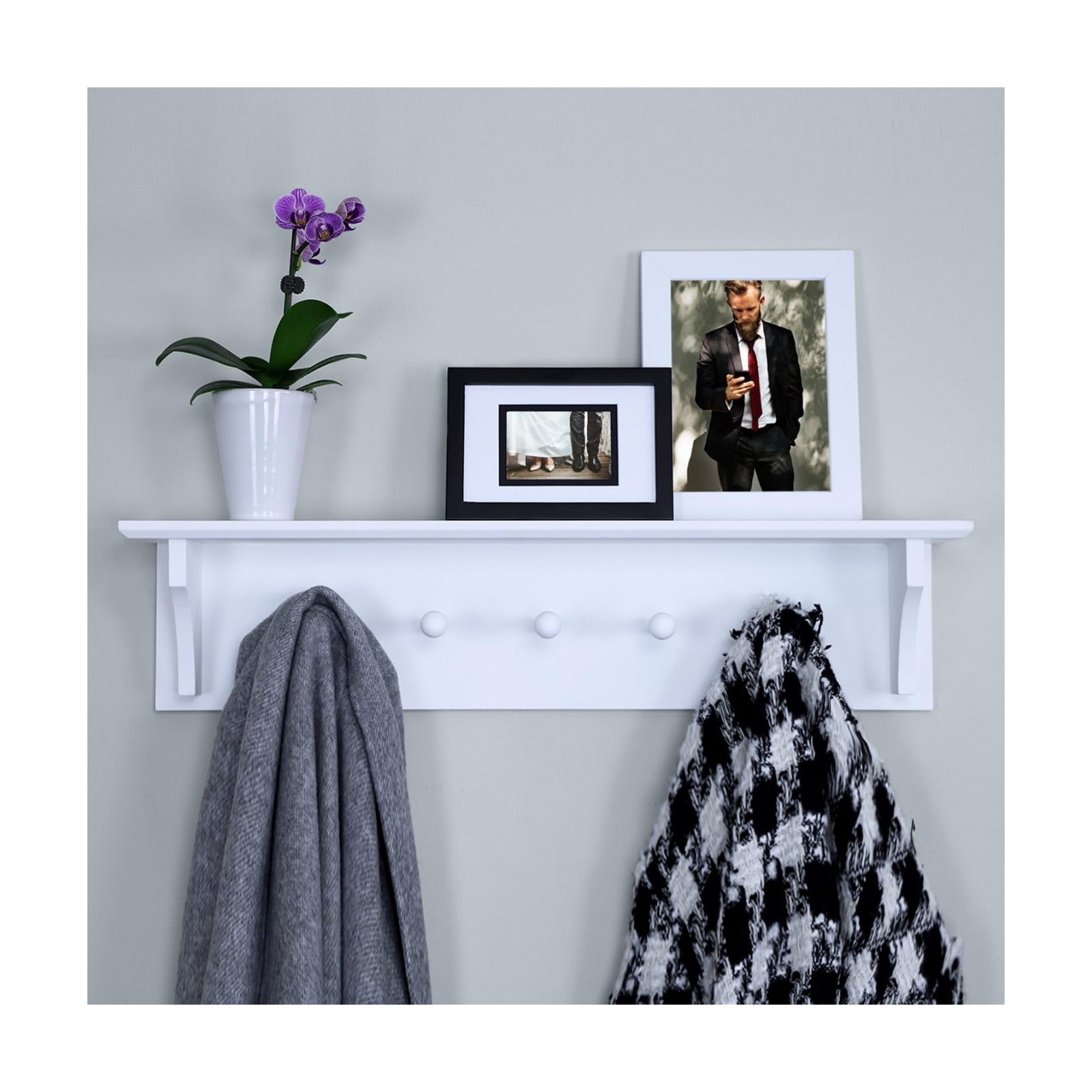 Ballucci Floating Coat and Hat Wall Shelf Rack, 5 Pegs Hook, 24", White