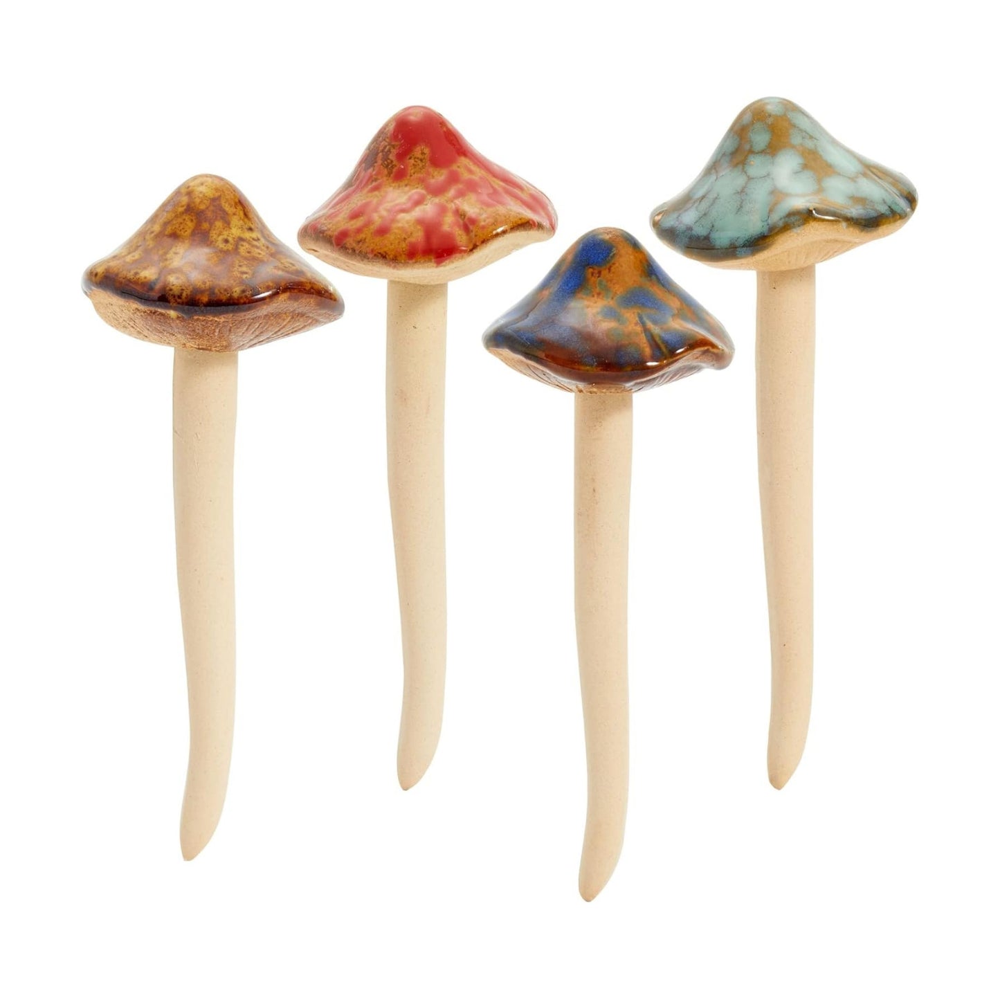 Ceramic Outdoor Mushrooms Plant Stakes / Brown / 5 Inch / Set of 4