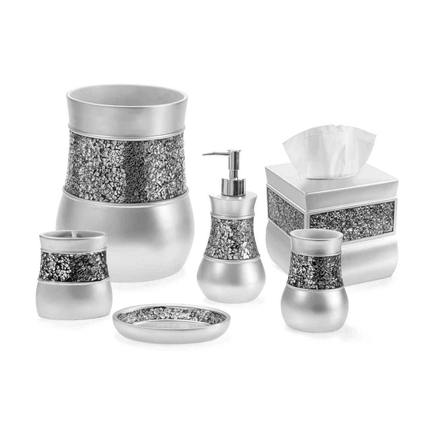 Creative Scents Crackled Glass 6 Pc. Silver Resin Bathroom Accessories Set | Includes Trash can, Tissue Box Cover, Soap