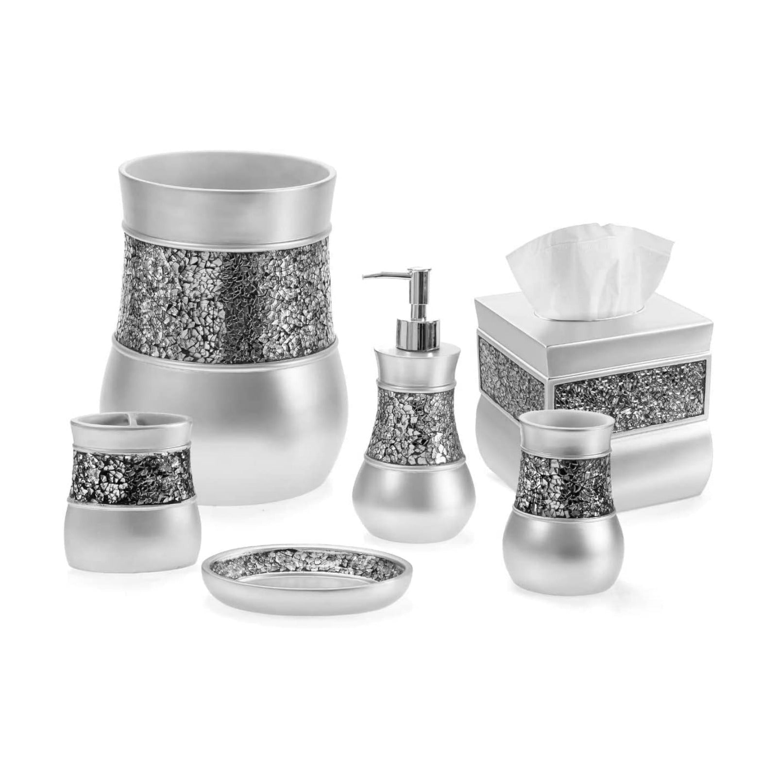 Creative Scents Crackled Glass 6 Pc. Silver Resin Bathroom Accessories Set | Includes Trash can, Tissue Box Cover, Soap