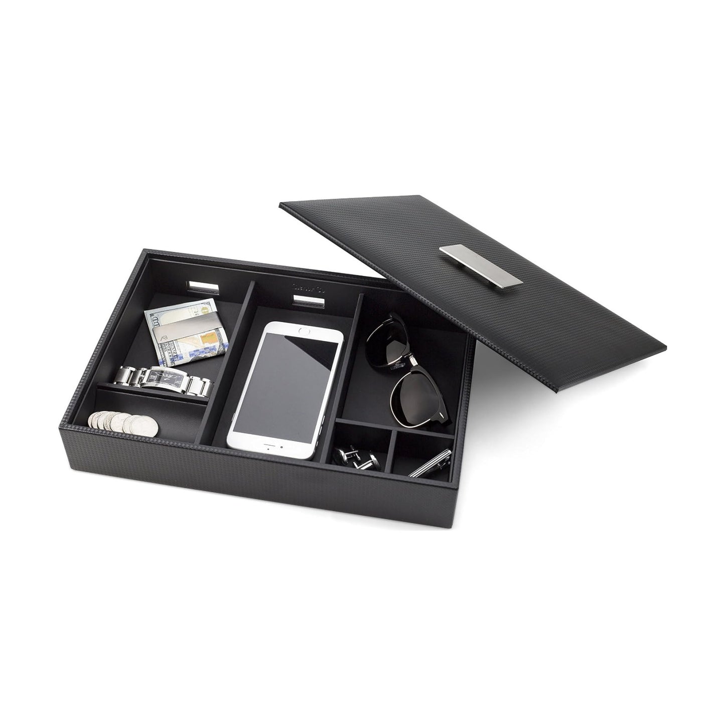 Glenor Co Mens Valet Tray/Dresser Organizer & Lid - 6 Slot Luxury Jewelry Accessories Box, Carbon Fiber Design & Metal