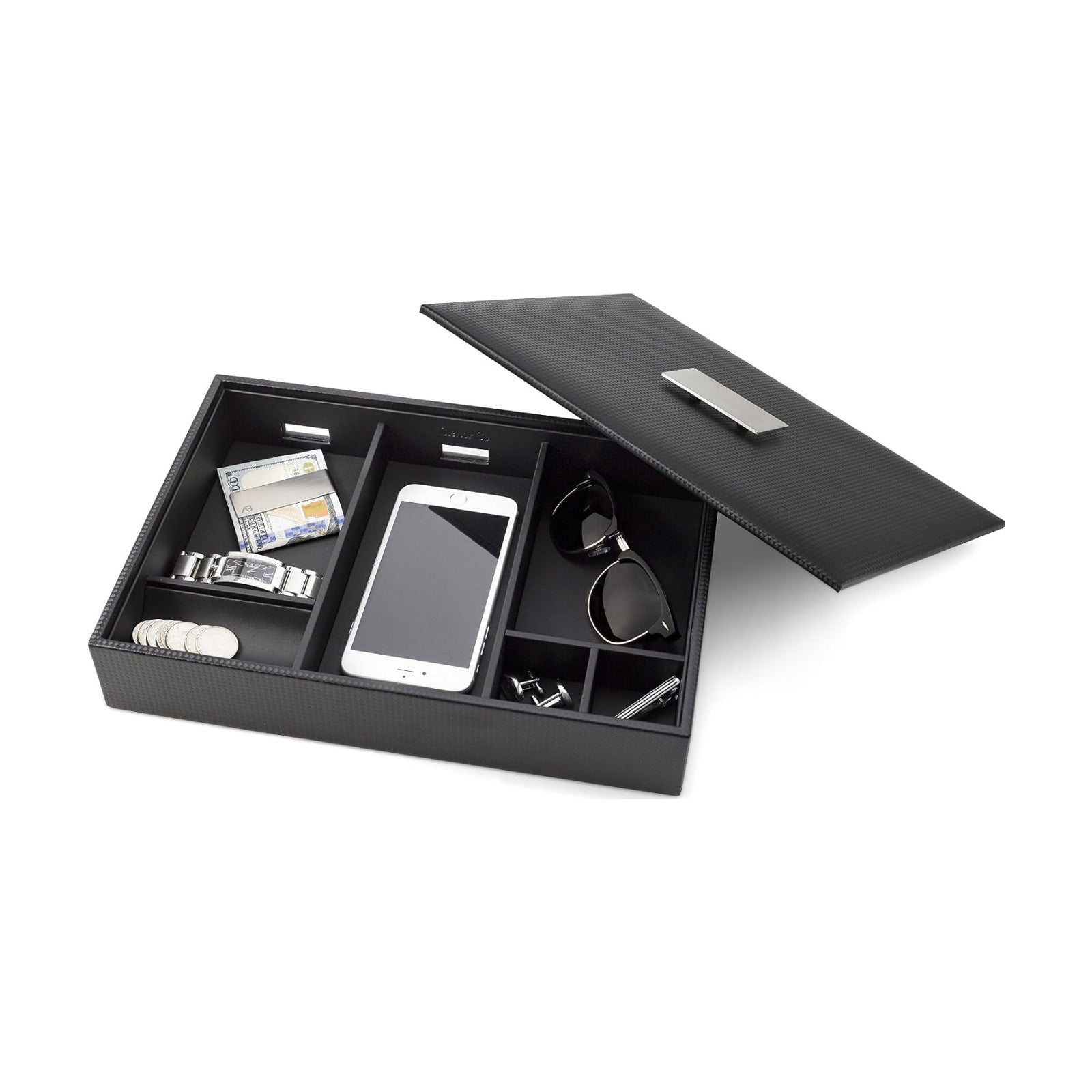 Glenor Co Mens Valet Tray/Dresser Organizer & Lid - 6 Slot Luxury Jewelry Accessories Box, Carbon Fiber Design & Metal