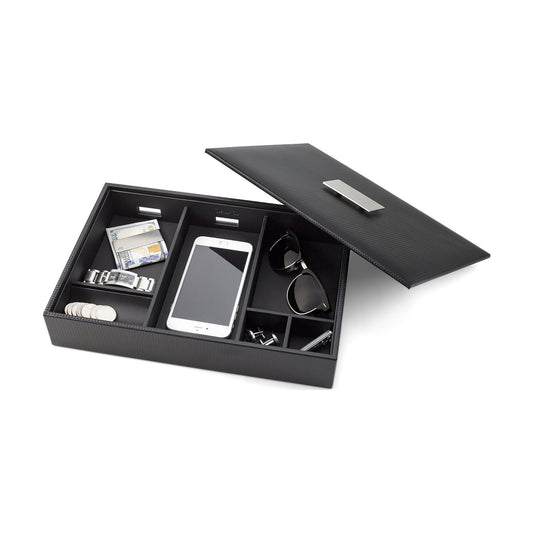 Glenor Co Mens Valet Tray/Dresser Organizer & Lid - 6 Slot Luxury Jewelry Accessories Box, Carbon Fiber Design & Metal