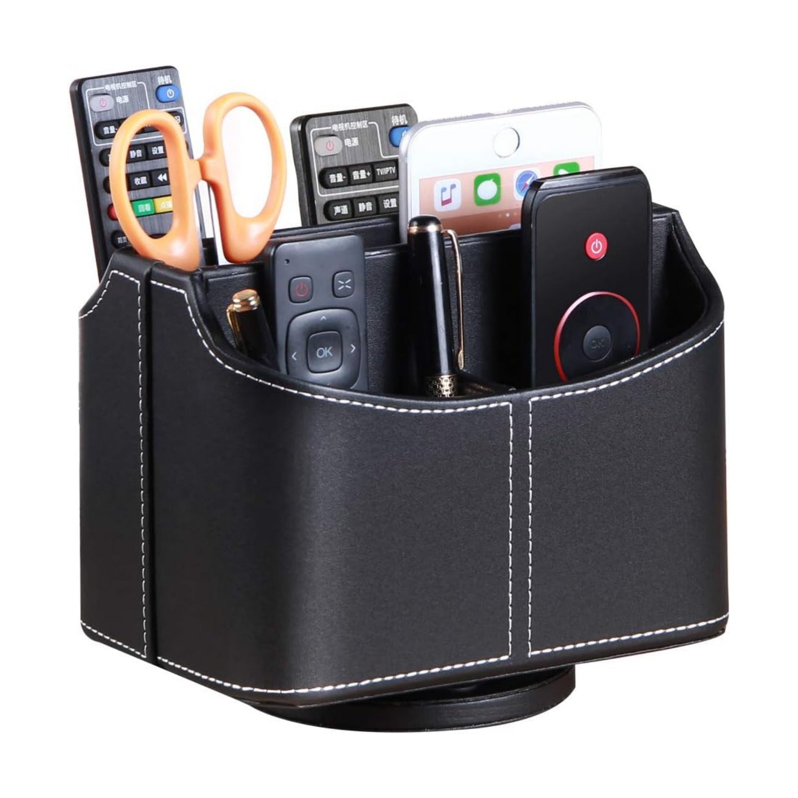 Remote Control Holder 360 Degrees Rotatable Desk Stationery Supply Organizer PU Leather / A Black