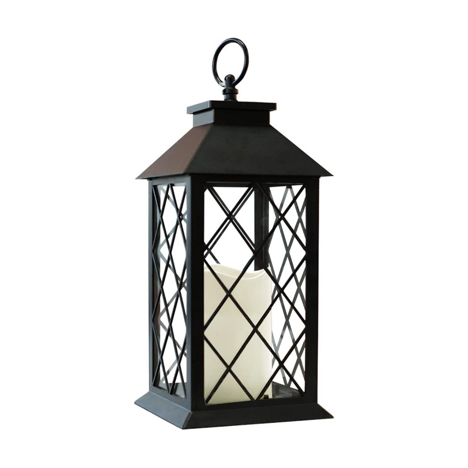 13.5" Black Vintage Candle Lantern with LED Pillar Candle and Timer - IP44 Waterproof Porch Light - Tabletop Lantern