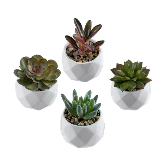 Indoor Fake House Plants in Round Geometric Ceramic Pots / White / Set of 4
