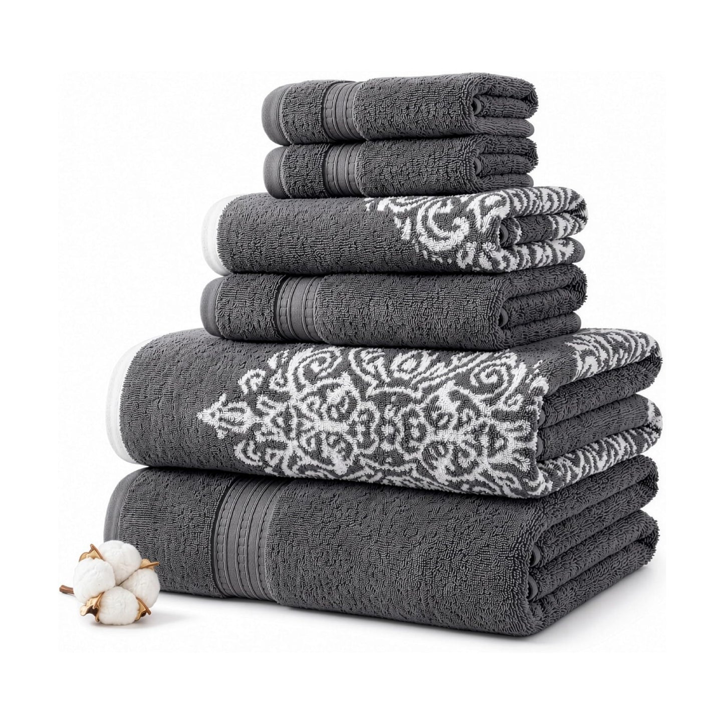 Modern Threads 6-Piece 100% Cotton Damask Medallion Towel Set, Charcoal | Highly Absorbent, Soft & Plush, Quick-Drying