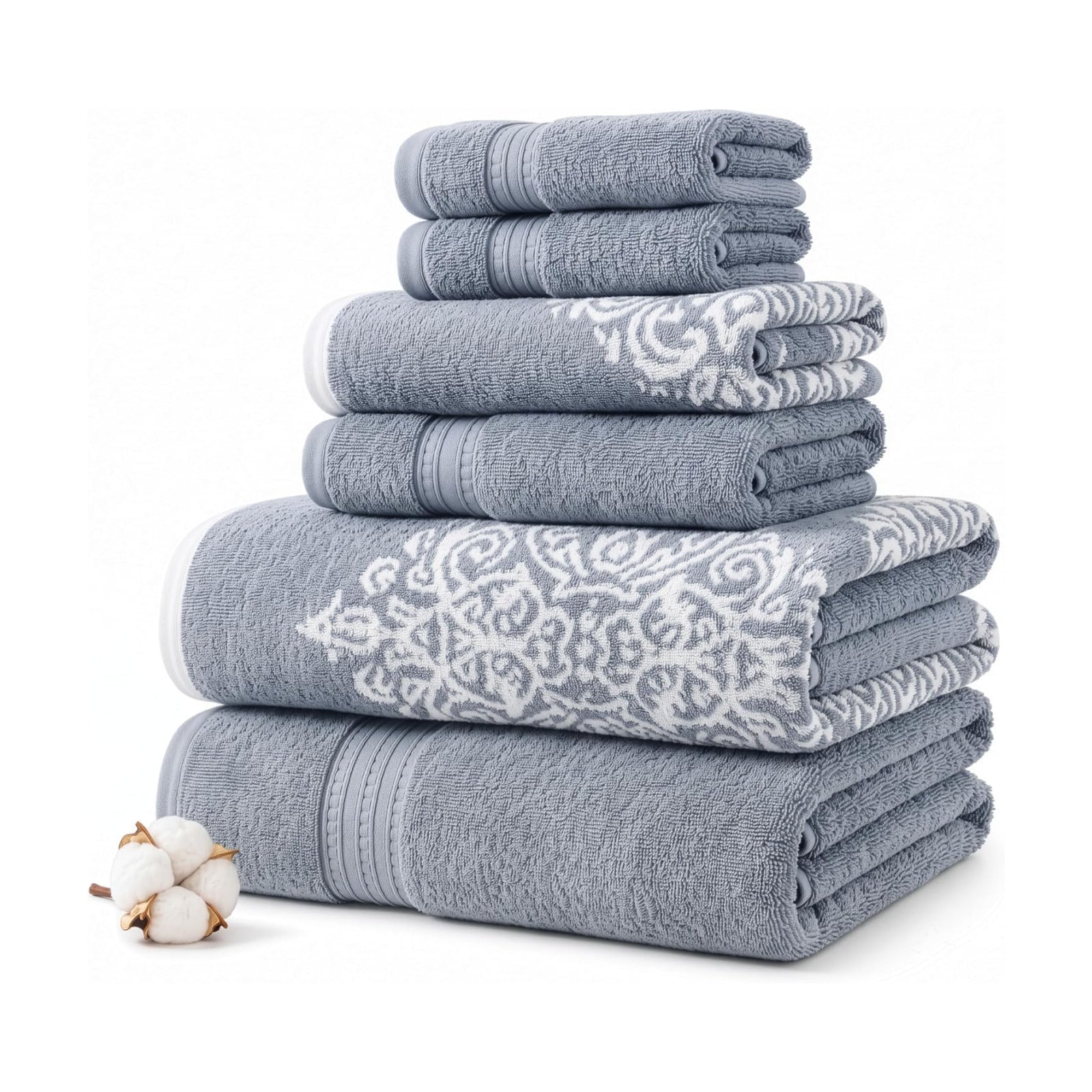 Modern Threads 6-Piece 100% Cotton Damask Medallion Towel Set, Blue | Highly Absorbent, Soft & Plush, Quick-Drying, 550