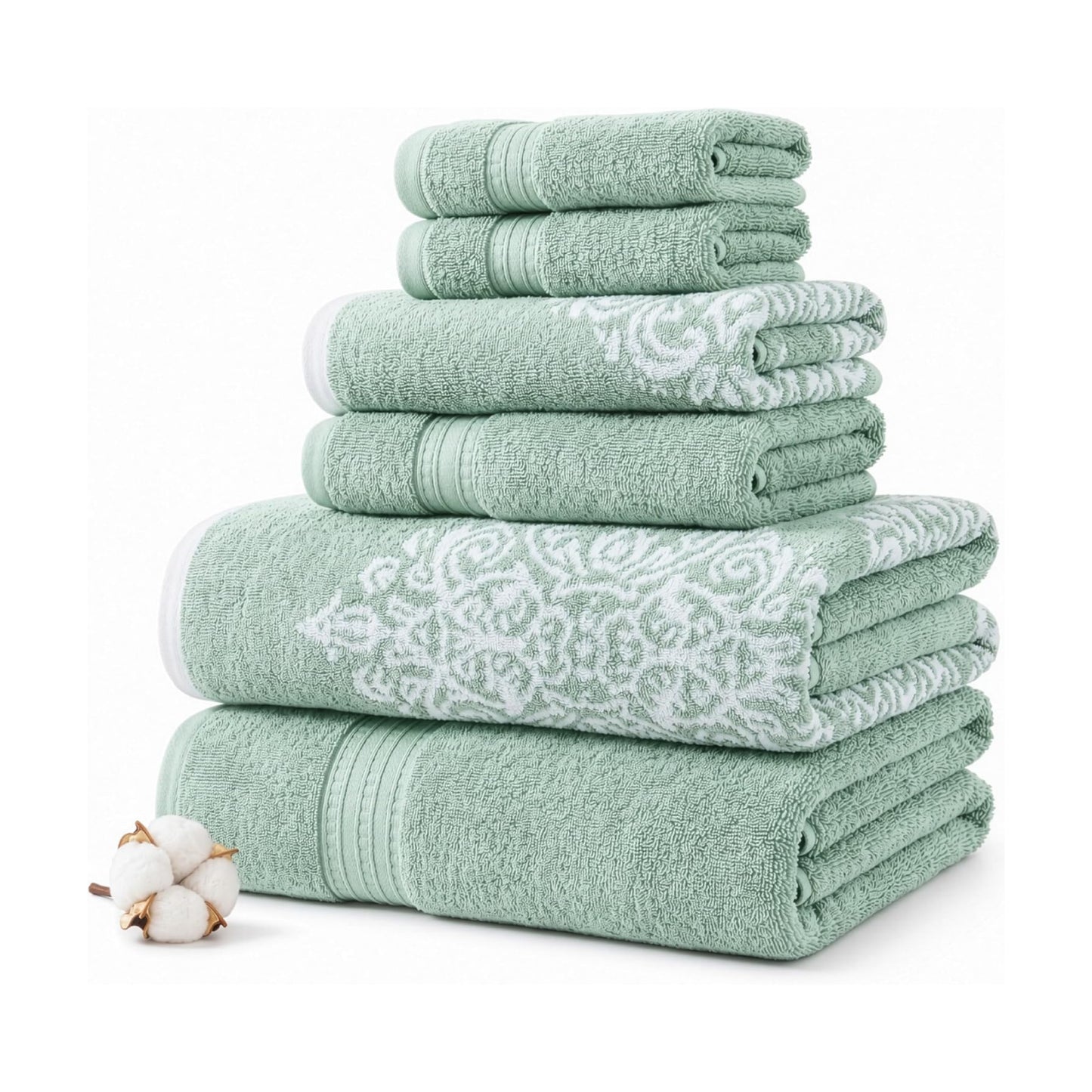 Modern Threads 6-Piece 100% Cotton Damask Medallion Towel Set, Sage | Highly Absorbent, Soft & Plush, Quick-Drying, 550