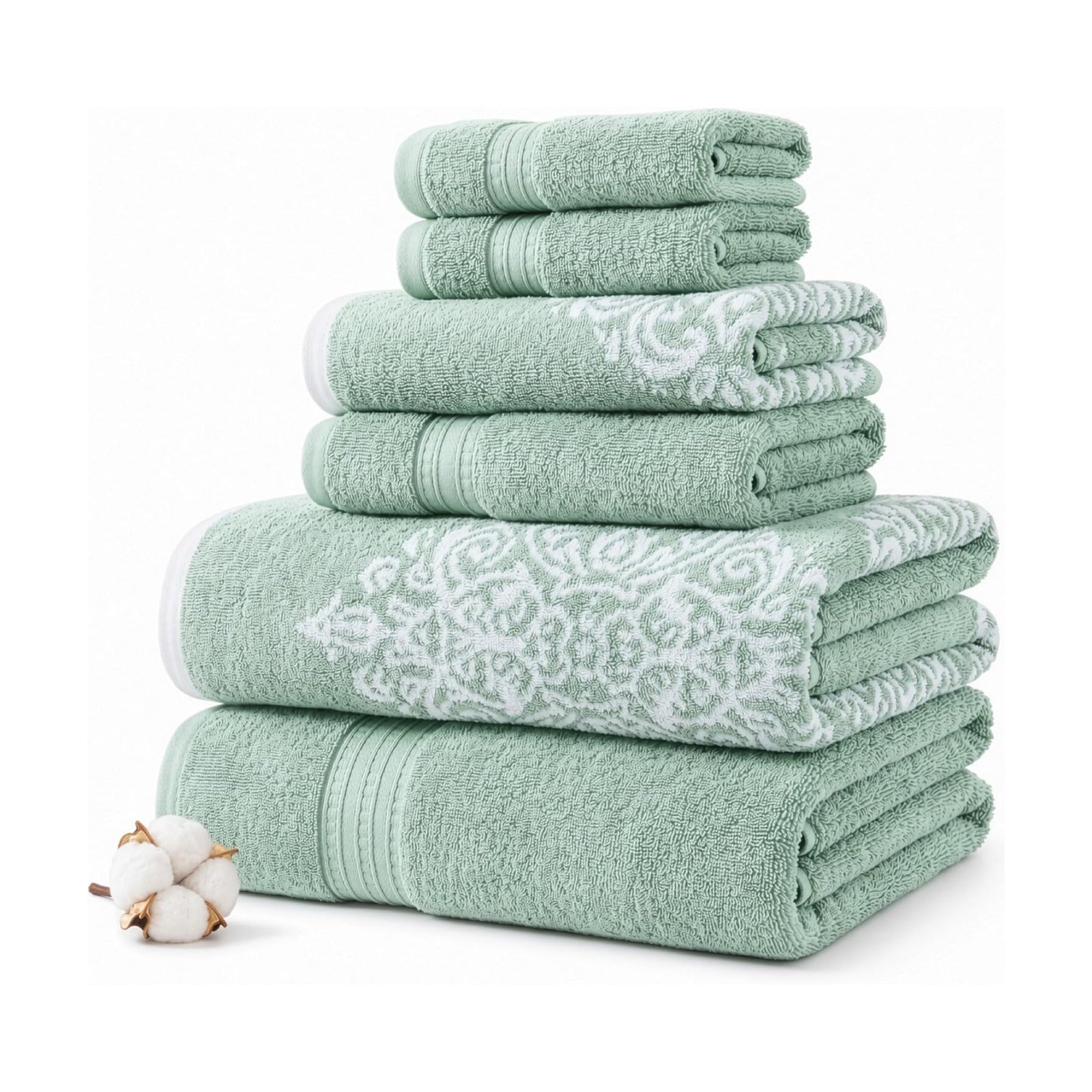 Modern Threads 6-Piece 100% Cotton Damask Medallion Towel Set, Sage | Highly Absorbent, Soft & Plush, Quick-Drying, 550