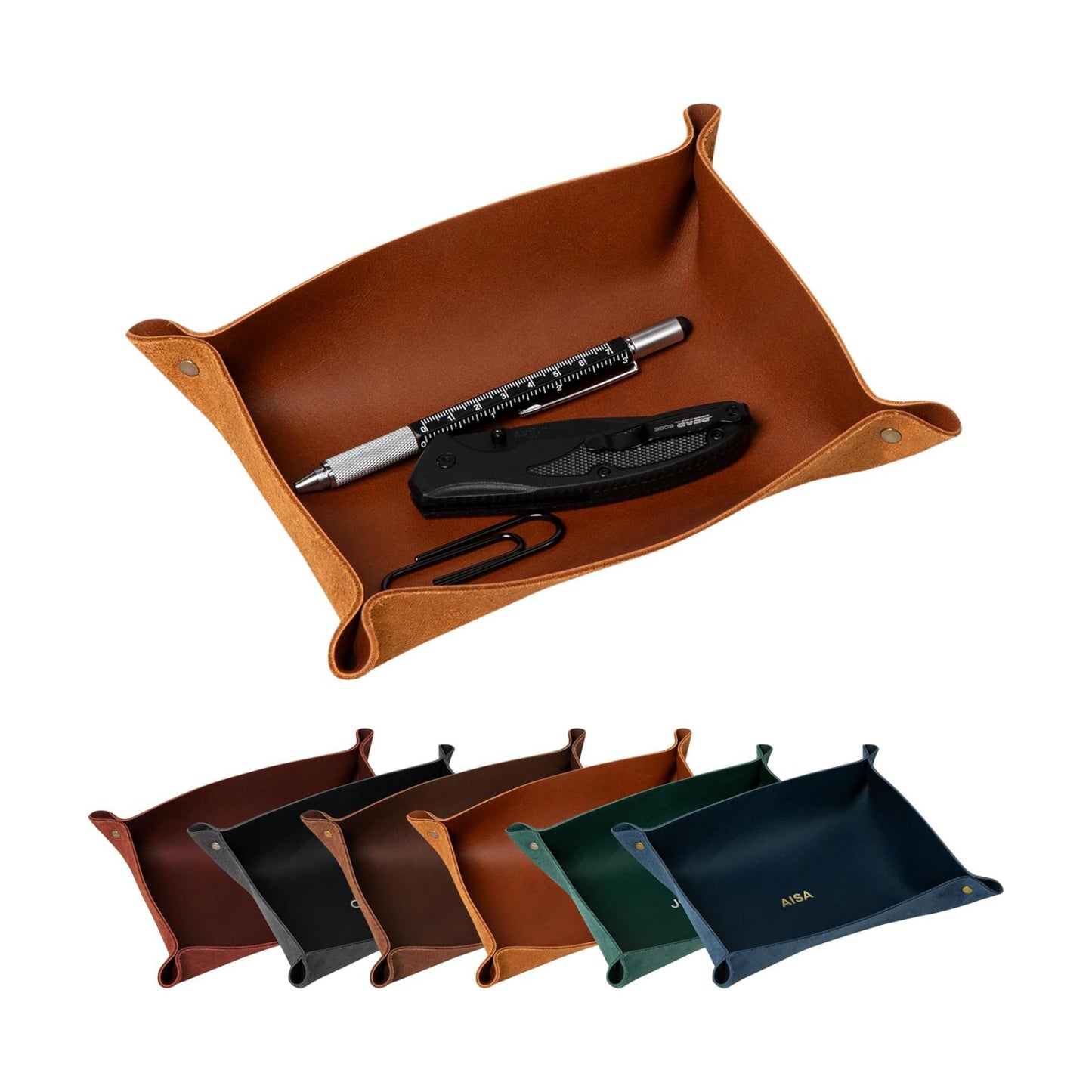 Northwind Personalized Leather Valet Tray – Made in USA - Custom Monogramed Full Grain Leather Catchall Tray for Men