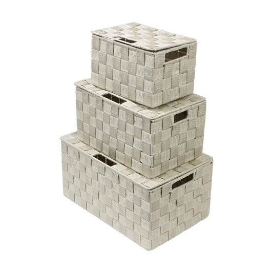 Mesh Hand-Woven Baskets for Closet / Lid Bins / Beige / Set of 3